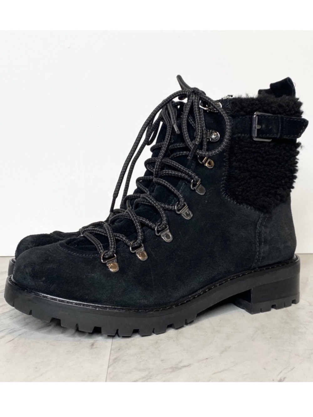 New! Sam Edelman Tenlee Black Lace Up Faux Fur Suede Bootie 8M